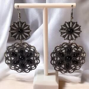 Black Filigree Statement Dangle Earrings Ornate Cabochon Dark Romantic Glam